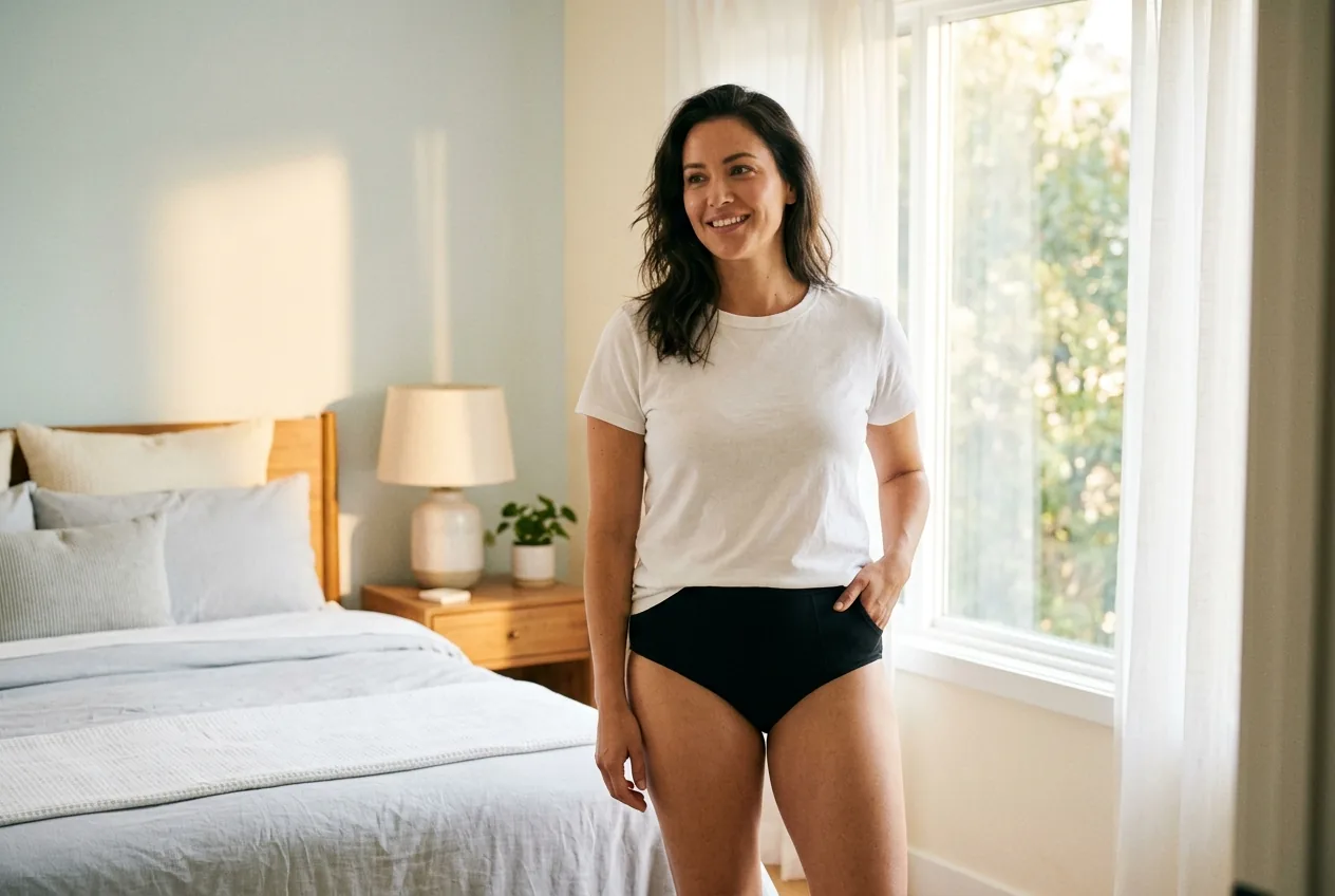 Woman relaxing comfortably wearing Absorba leak-proof briefs