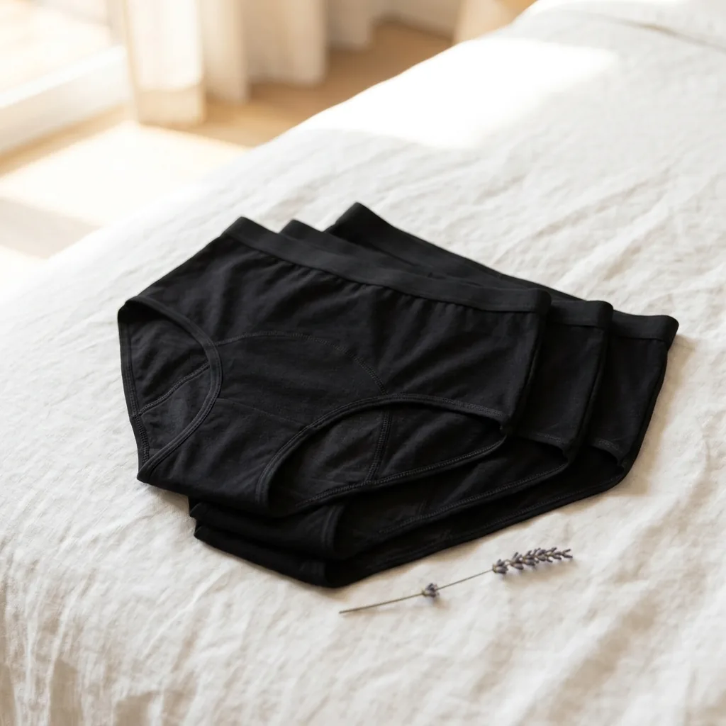 Absorba leak-proof underwear stack on natural linen bed