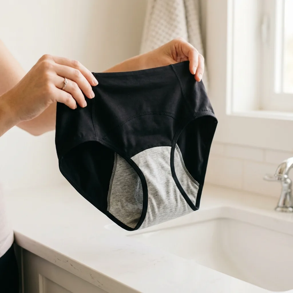 Hands holding Absorba underwear showing soft absorbent lining