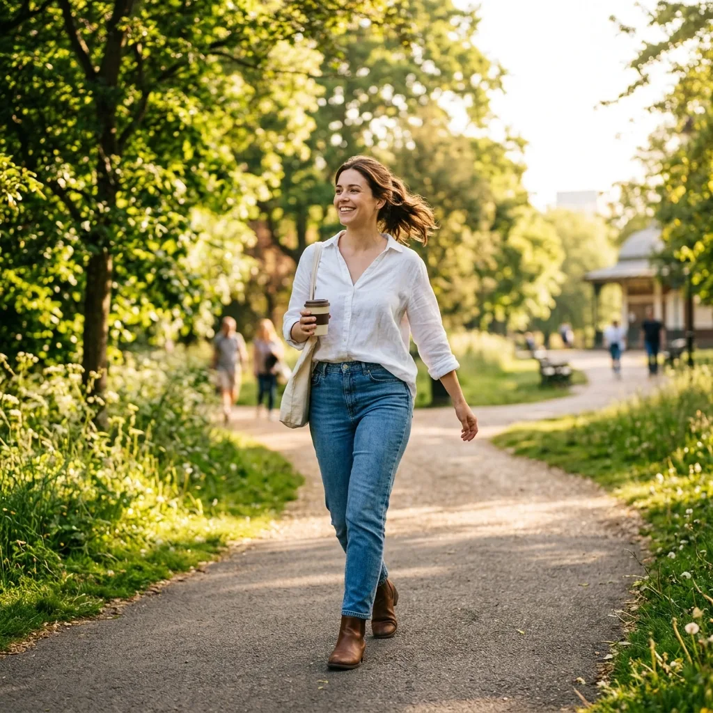 Woman walking confidently outdoors in the park