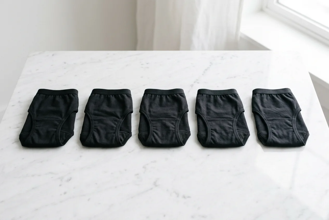 Absorba leak-proof underwear package contents neatly displayed on marble counter